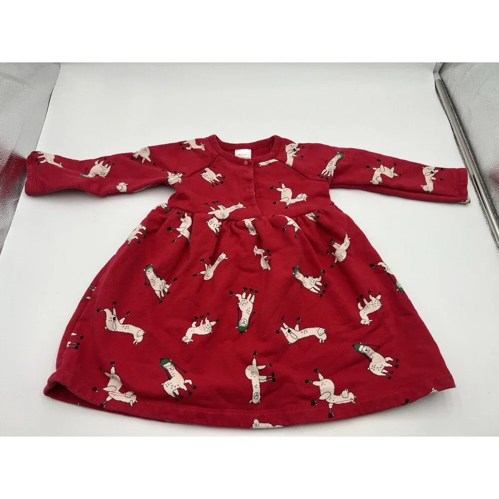 Hanna Andersson Girls Size 3 Red Long Sleeve Llama Sweater Dress Holiday Winter